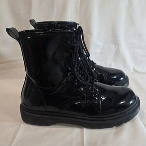Y2K Mudd Black Patent Combat Boots Lace Up Side Zip Chunky Platform Women's8.5